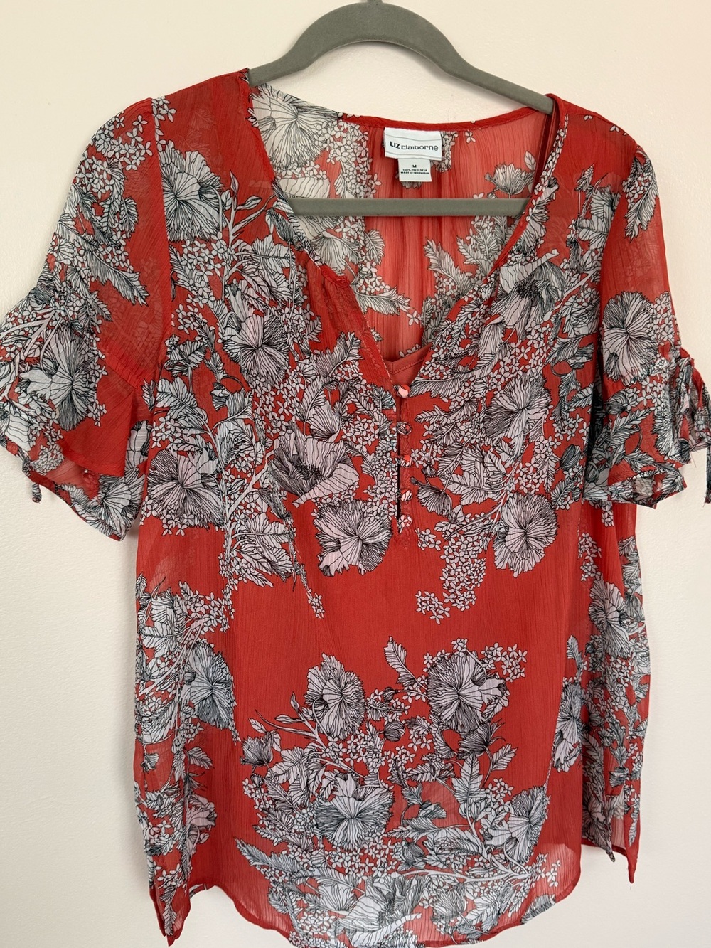 Liz Claiborne Red Floral Split-Neck Short Sleeve Blouse